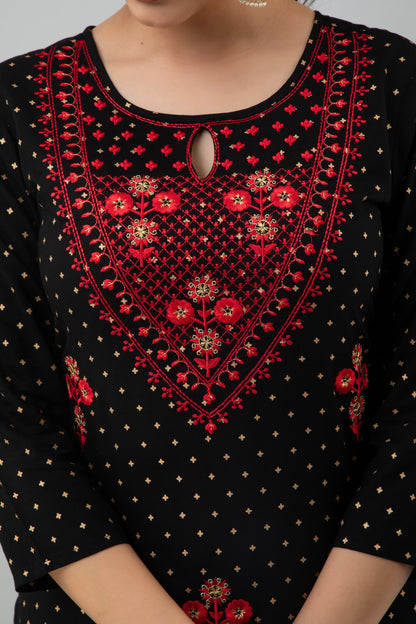 Embroidered Straight Calf Length 3/4 Sleeves Keyhole Neck Rayon Kurta Dupatta Bottom Set