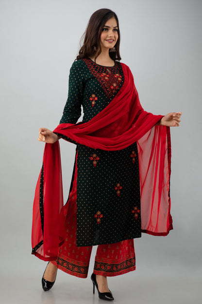 Embroidered Straight Calf Length 3/4 Sleeves Keyhole Neck Rayon Kurta Dupatta Bottom Set