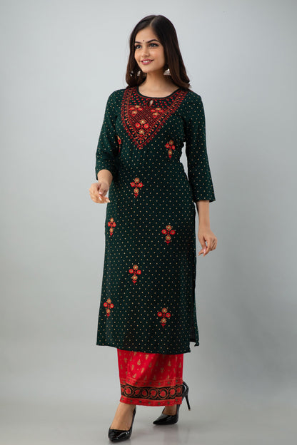 Embroidered Straight Calf Length 3/4 Sleeves Keyhole Neck Rayon Kurta Dupatta Bottom Set