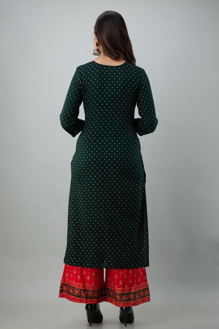 Embroidered Straight Calf Length 3/4 Sleeves Keyhole Neck Rayon Kurta Dupatta Bottom Set