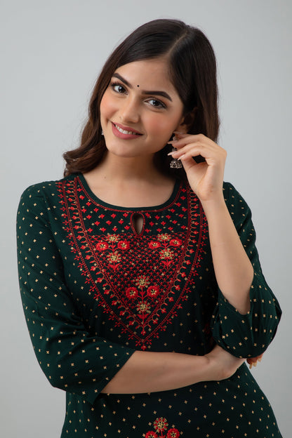 Embroidered Straight Calf Length 3/4 Sleeves Keyhole Neck Rayon Kurta Dupatta Bottom Set