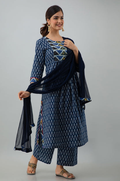 Printed A-line Calf Length 3/4 Sleeves Round Neck Cotton Kurta Dupatta Bottom Set