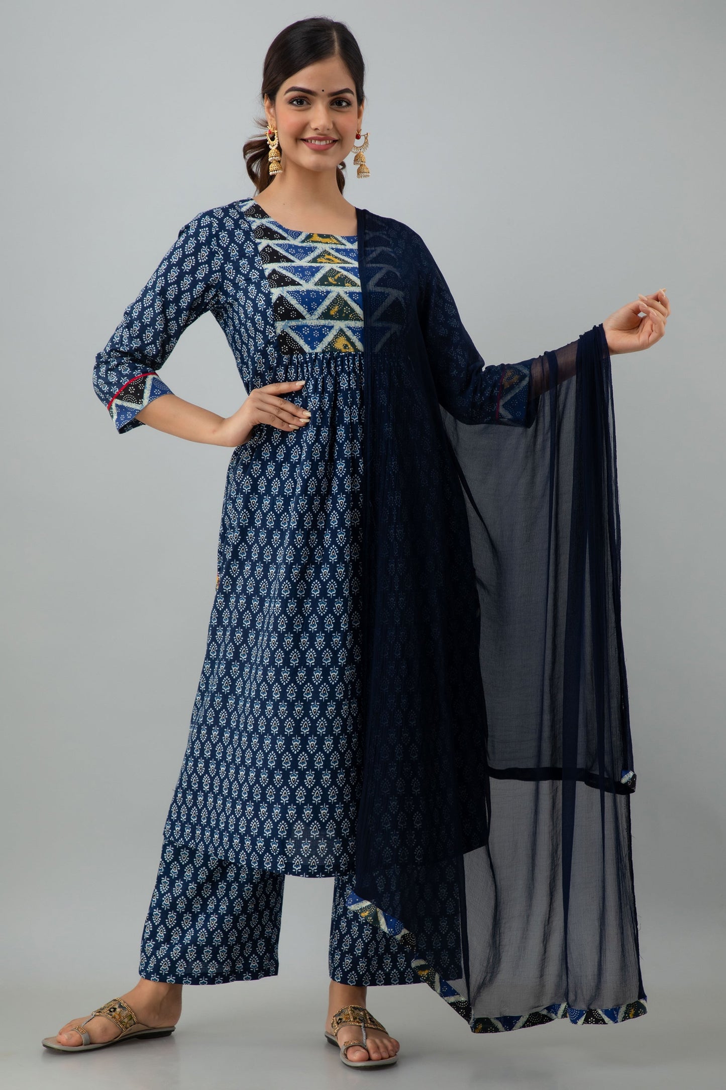 Printed A-line Calf Length 3/4 Sleeves Round Neck Cotton Kurta Dupatta Bottom Set