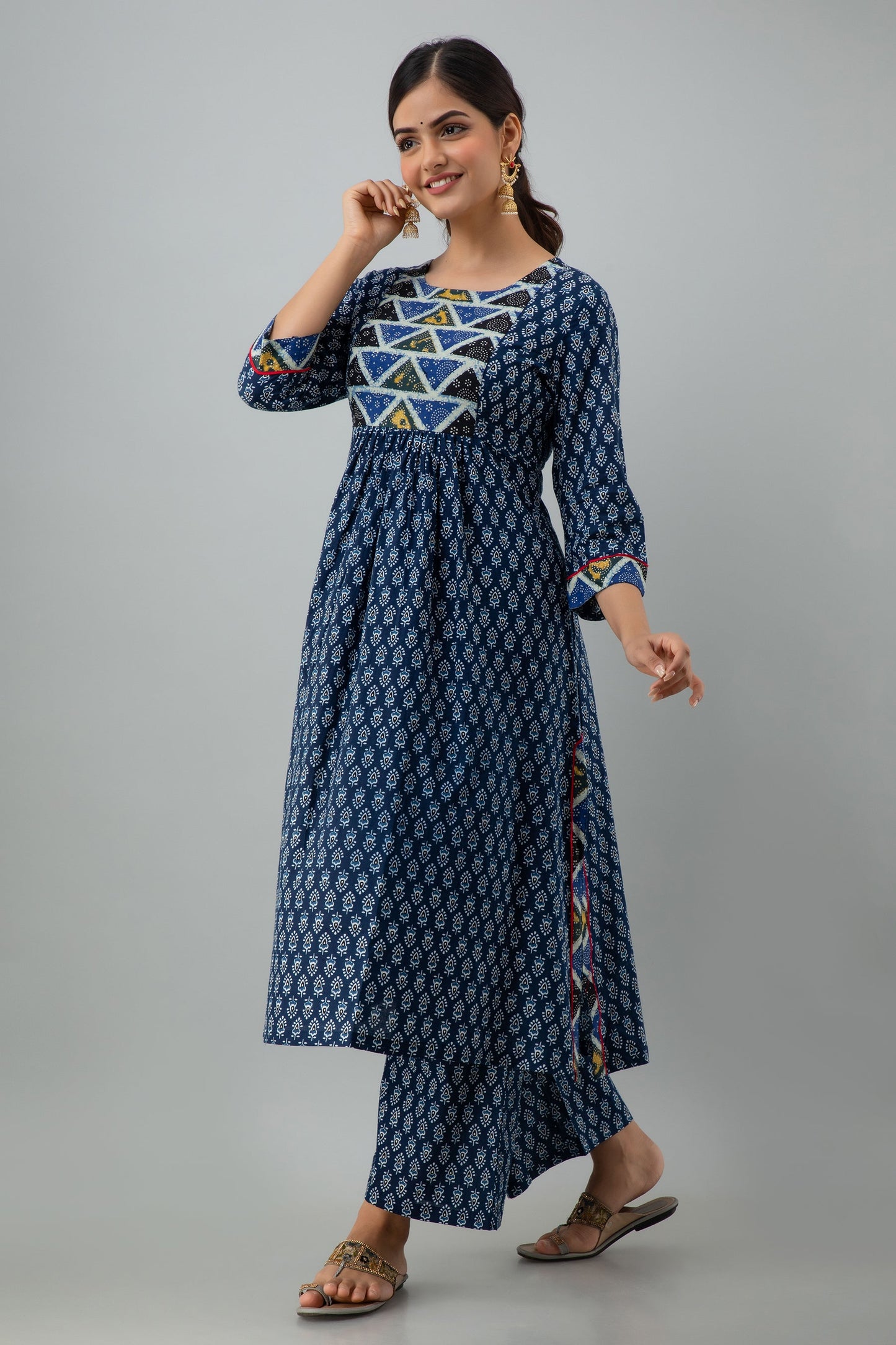 Printed A-line Calf Length 3/4 Sleeves Round Neck Cotton Kurta Dupatta Bottom Set