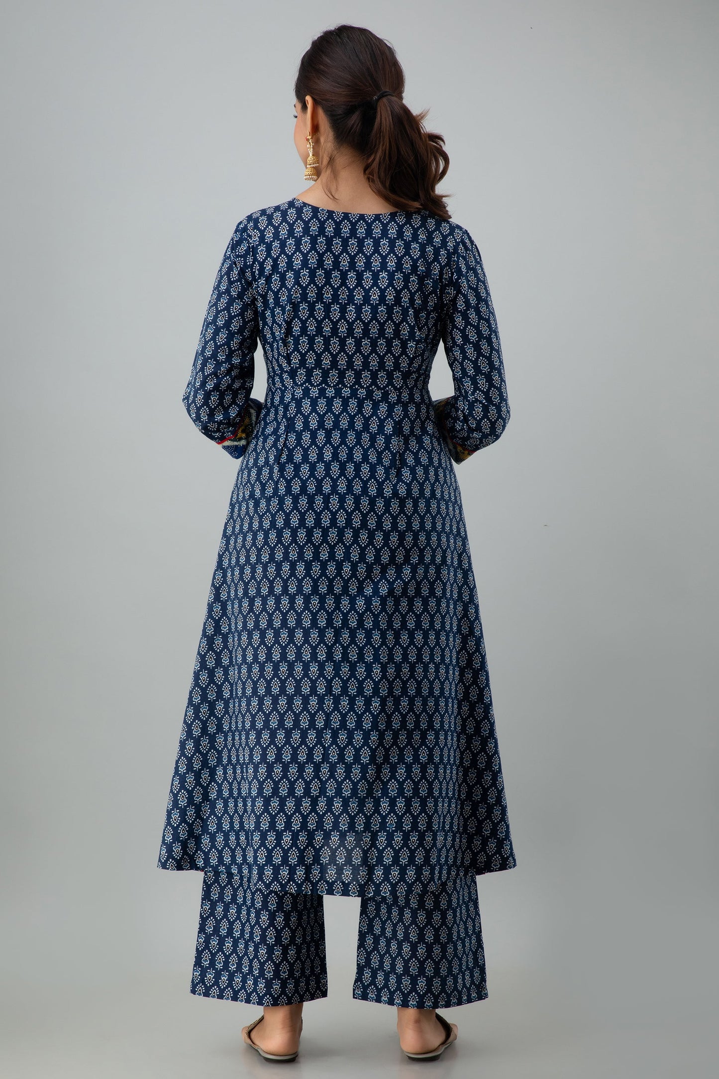 Printed A-line Calf Length 3/4 Sleeves Round Neck Cotton Kurta Dupatta Bottom Set