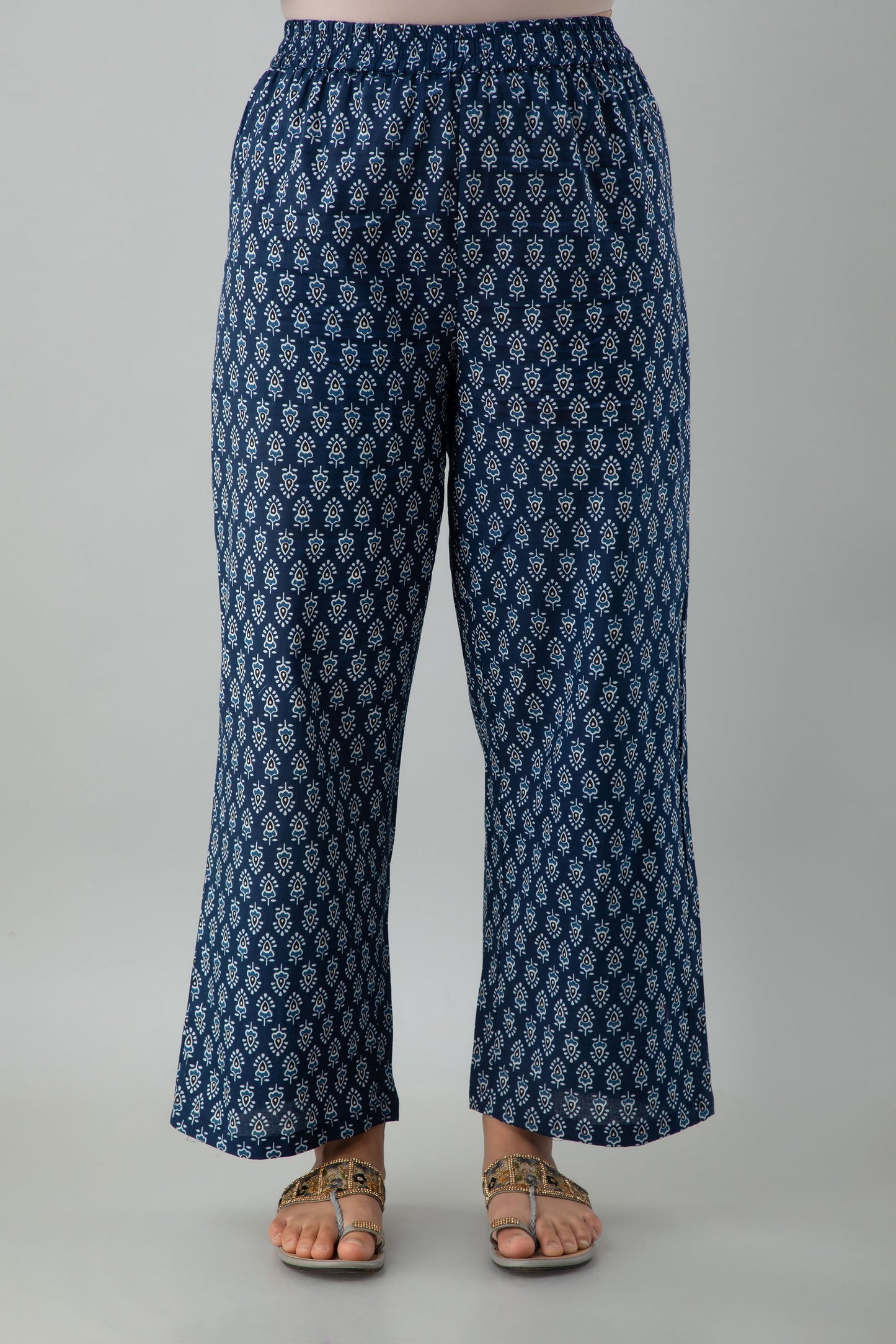 Printed A-line Calf Length 3/4 Sleeves Round Neck Cotton Kurta Dupatta Bottom Set