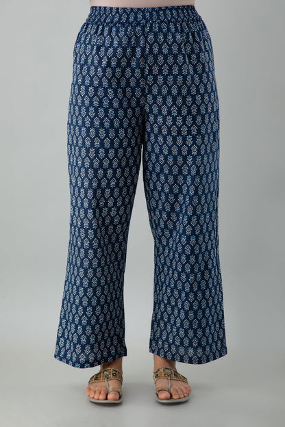 Printed A-line Calf Length 3/4 Sleeves Round Neck Cotton Kurta Dupatta Bottom Set