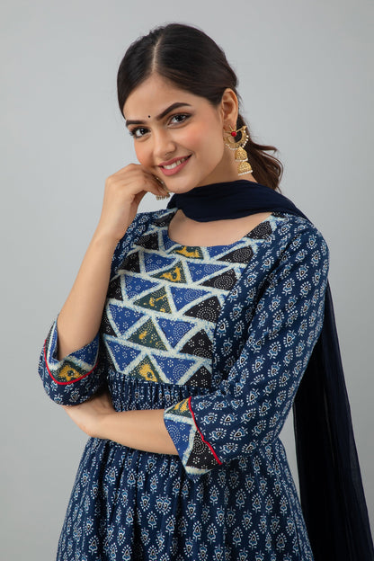 Printed A-line Calf Length 3/4 Sleeves Round Neck Cotton Kurta Dupatta Bottom Set