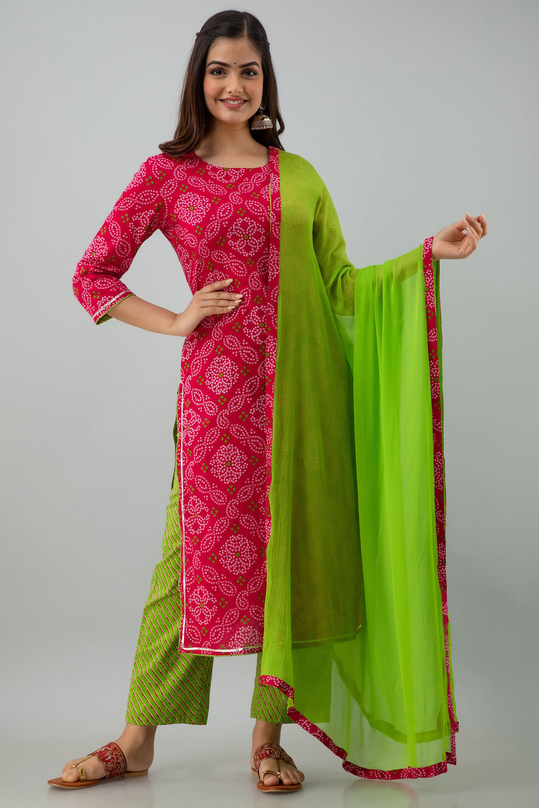 Printed Straight Calf Length 3/4 Sleeves Round Neck Cotton Kurta Dupatta Bottom Set
