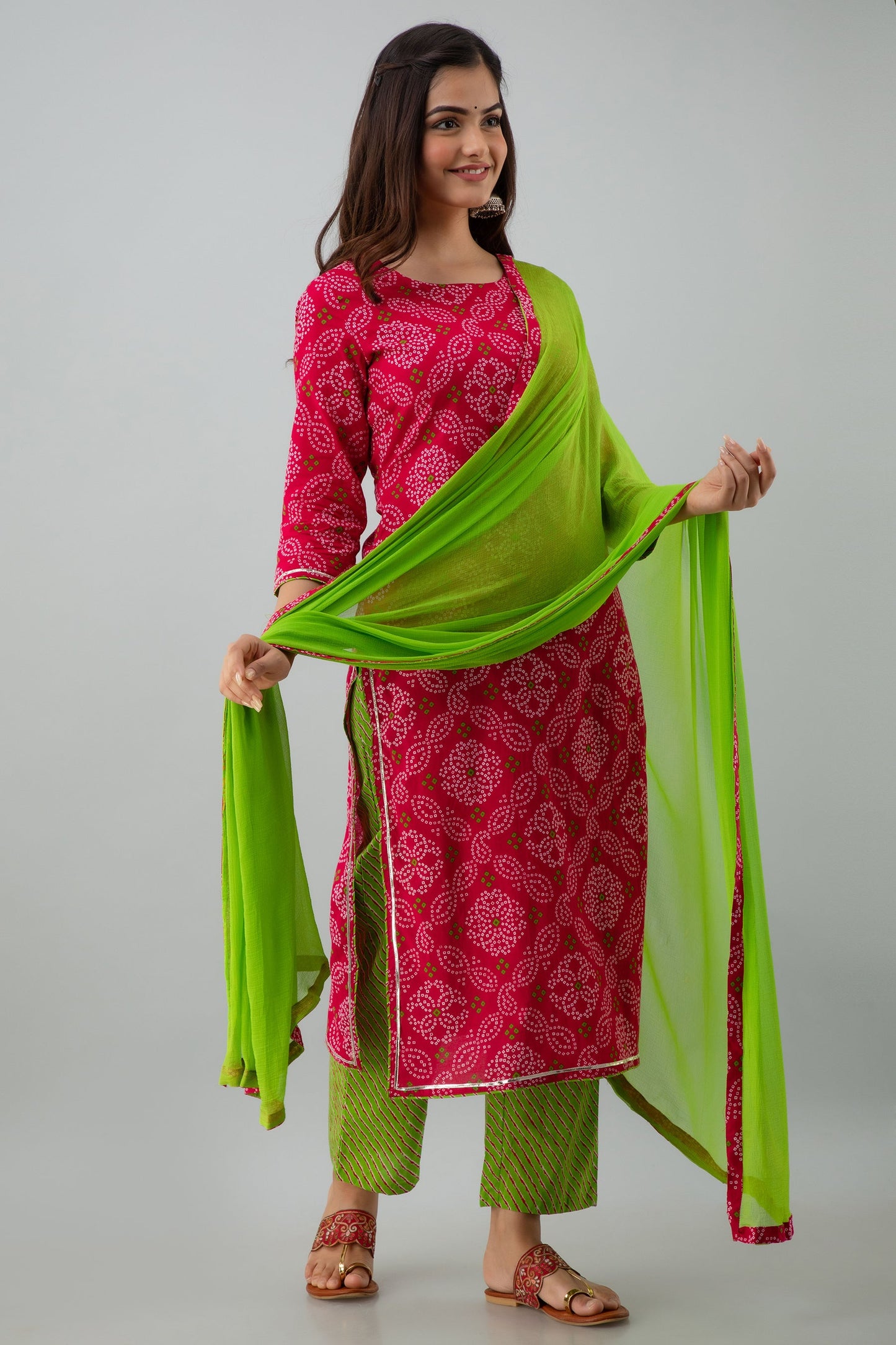 Printed Straight Calf Length 3/4 Sleeves Round Neck Cotton Kurta Dupatta Bottom Set