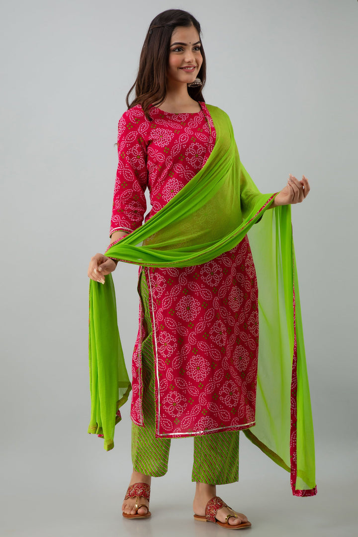 Printed Straight Calf Length 3/4 Sleeves Round Neck Cotton Kurta Dupatta Bottom Set