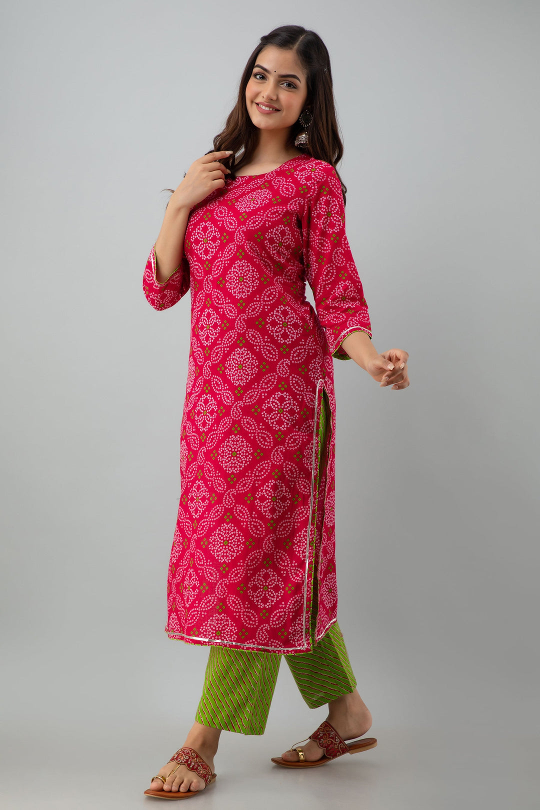 Printed Straight Calf Length 3/4 Sleeves Round Neck Cotton Kurta Dupatta Bottom Set