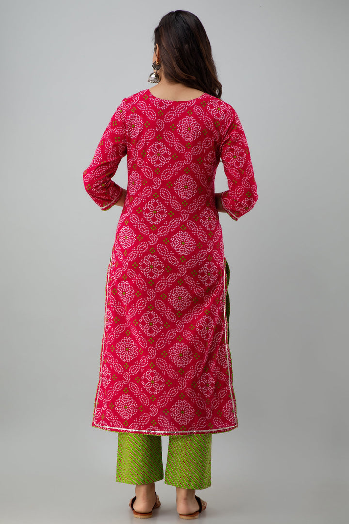 Printed Straight Calf Length 3/4 Sleeves Round Neck Cotton Kurta Dupatta Bottom Set