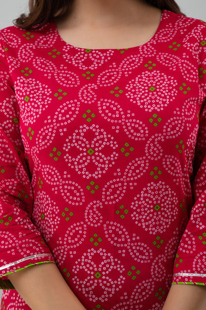 Printed Straight Calf Length 3/4 Sleeves Round Neck Cotton Kurta Dupatta Bottom Set