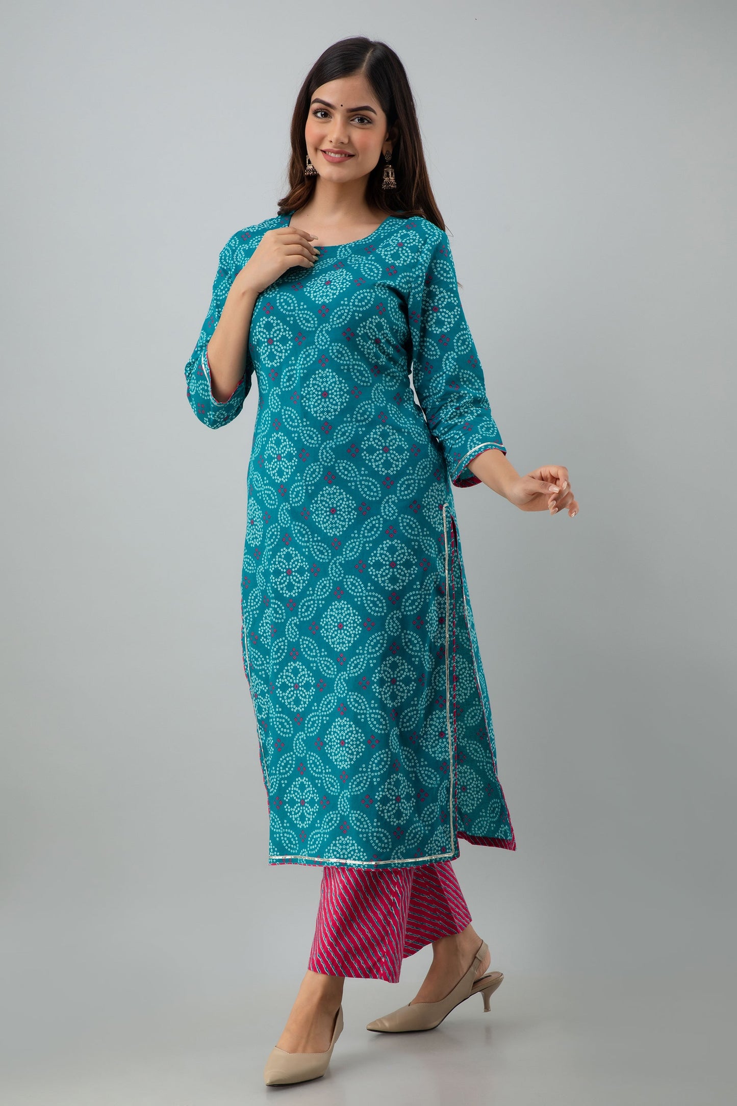 Printed Straight Calf Length 3/4 Sleeves Round Neck Cotton Kurta Bottom Set