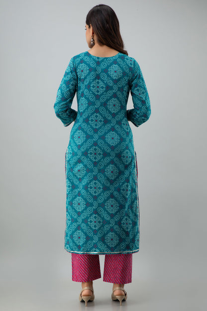 Printed Straight Calf Length 3/4 Sleeves Round Neck Cotton Kurta Bottom Set