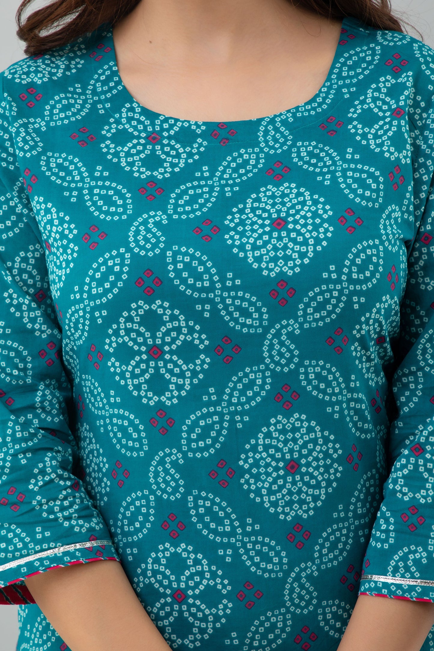 Printed Straight Calf Length 3/4 Sleeves Round Neck Cotton Kurta Bottom Set