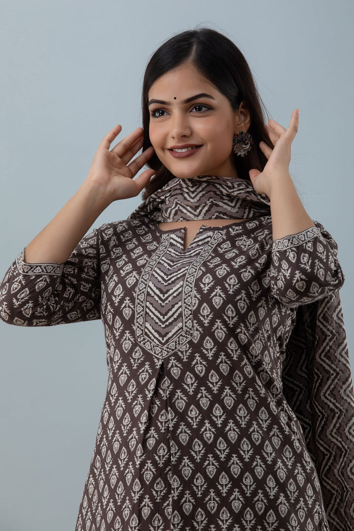 Printed Straight Calf Lenth 3/4 Sleeves Round Neck Cotton Kurta Set