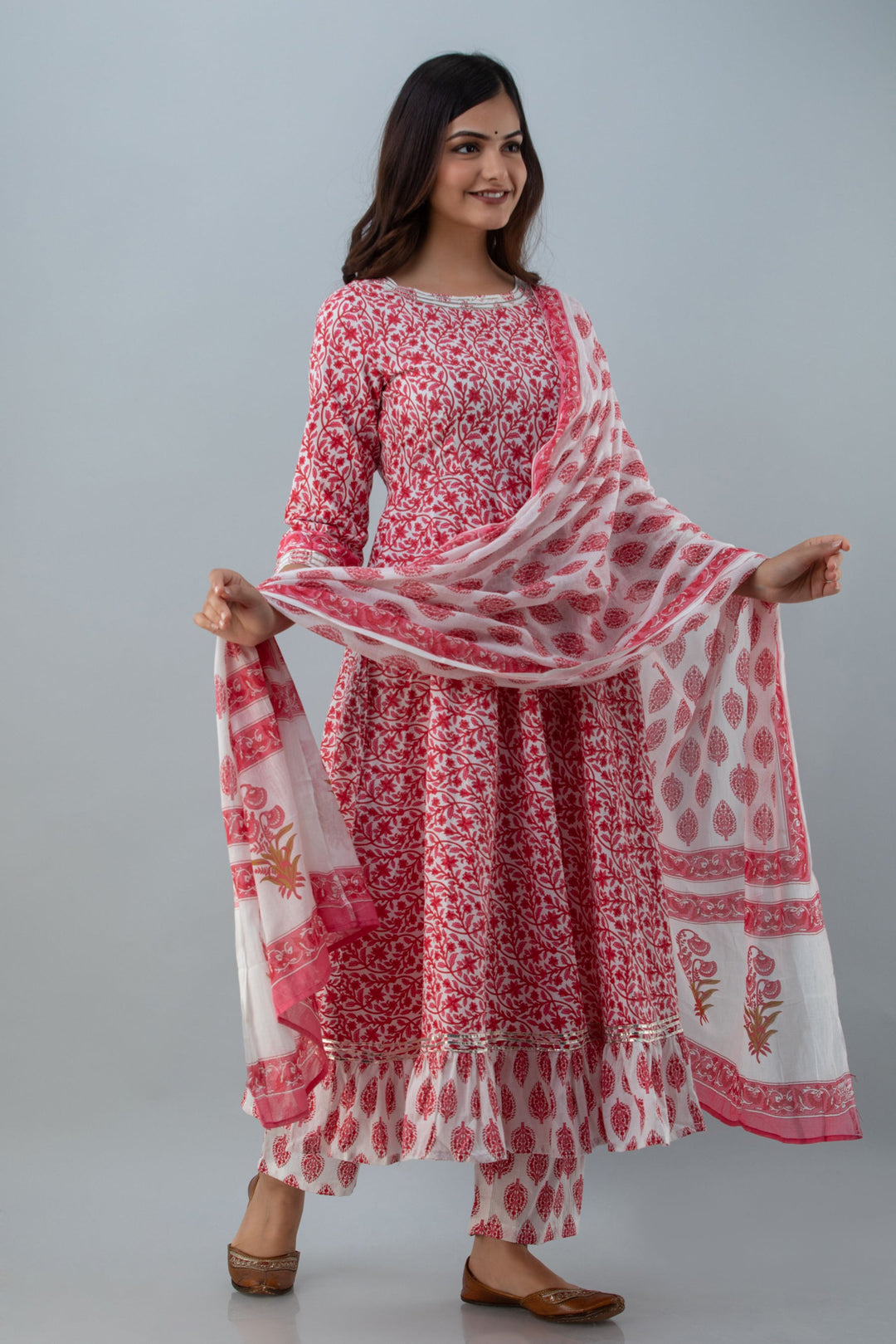 Printed Flared Calf Lenth 3/4 Sleeves Round Neck Cotton Kurta Set