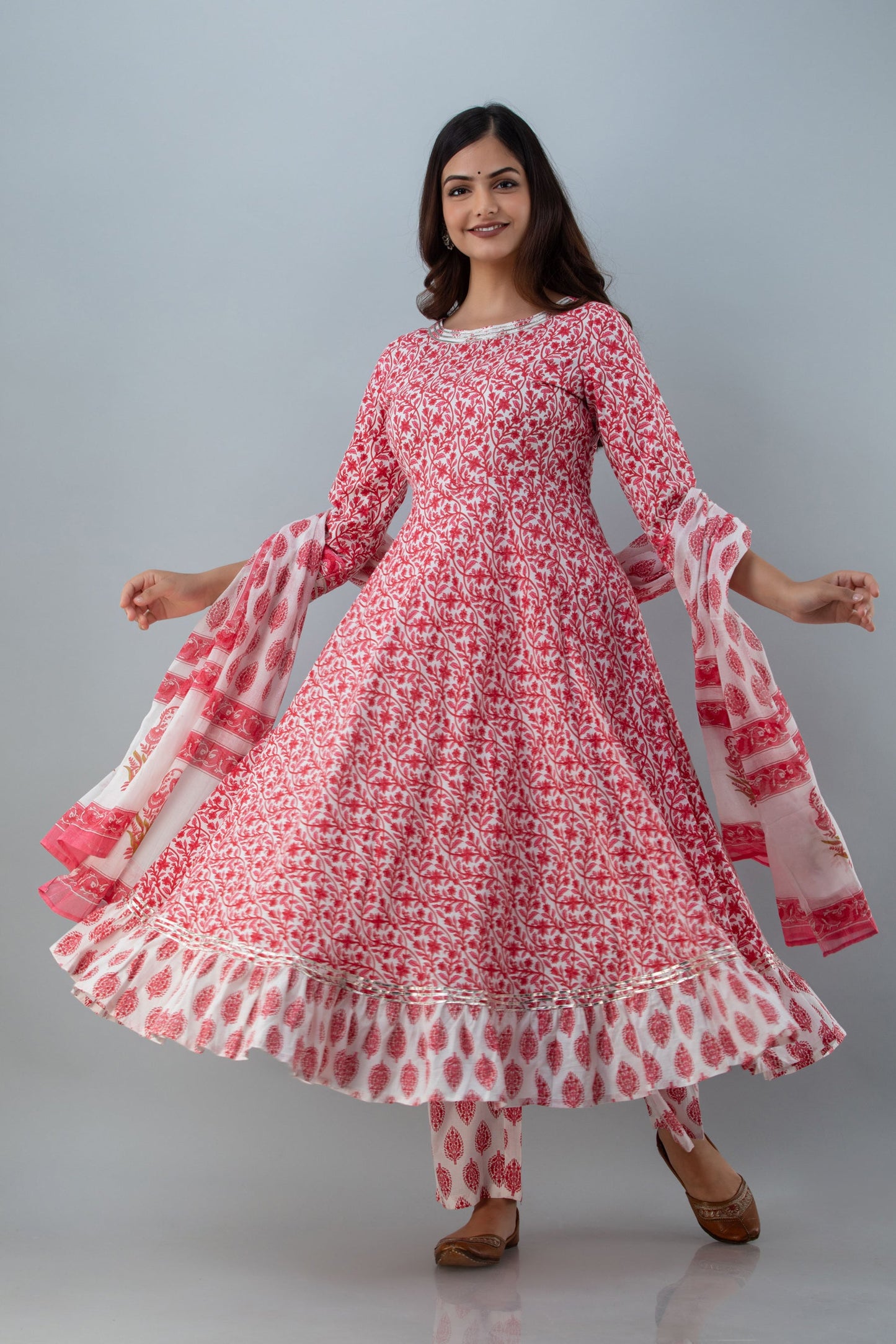 Printed Flared Calf Lenth 3/4 Sleeves Round Neck Cotton Kurta Set