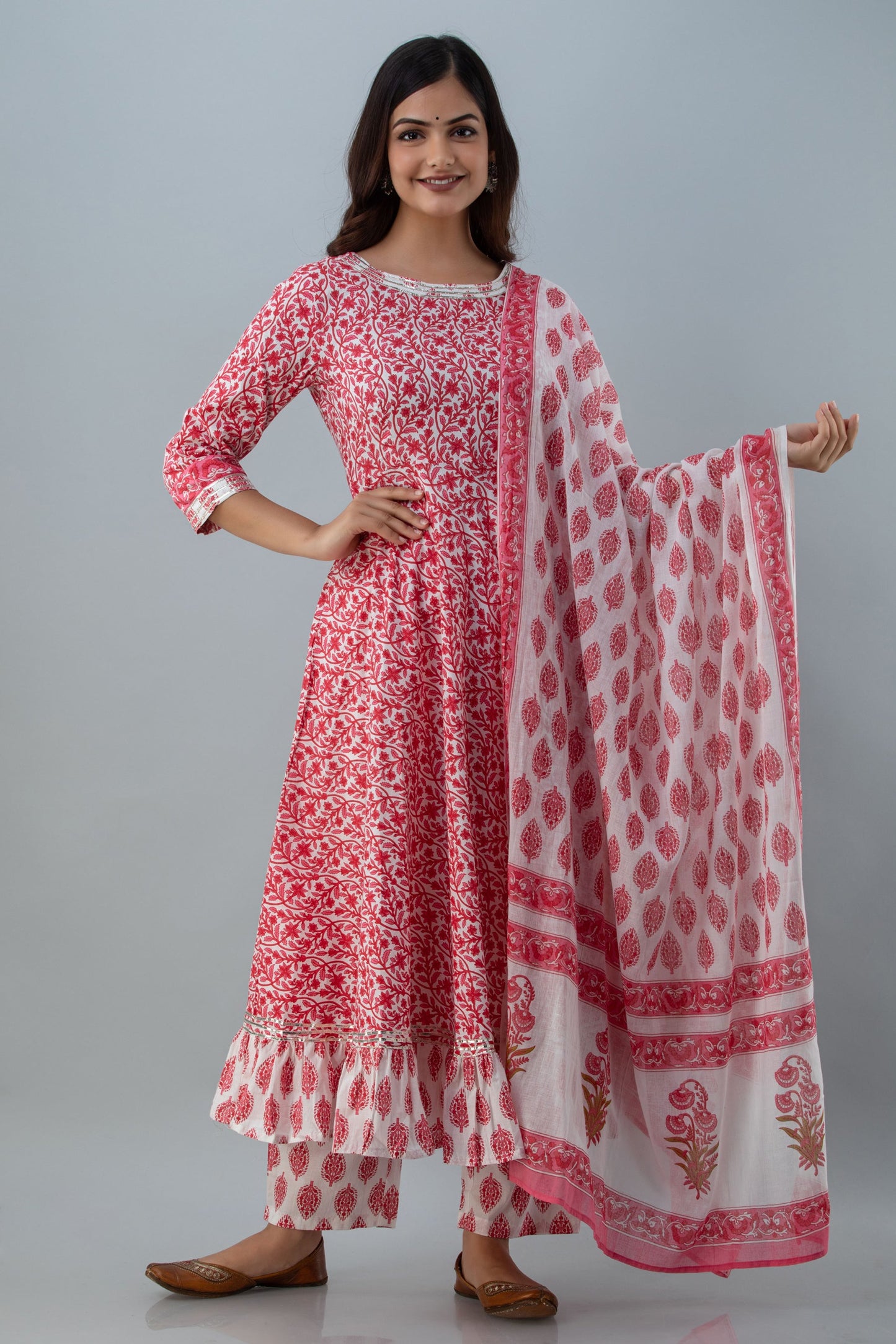 Printed Flared Calf Lenth 3/4 Sleeves Round Neck Cotton Kurta Set