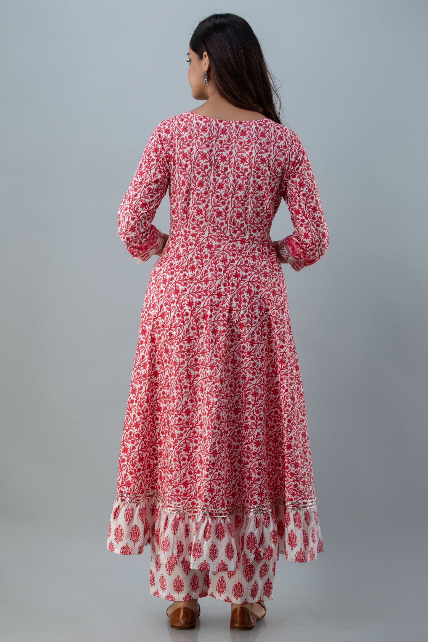 Printed Flared Calf Lenth 3/4 Sleeves Round Neck Cotton Kurta Set