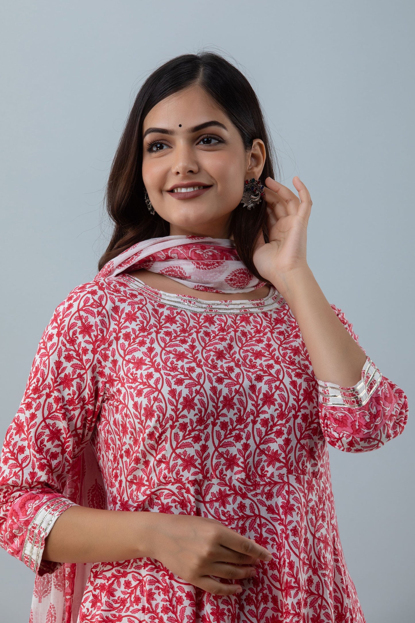 Printed Flared Calf Lenth 3/4 Sleeves Round Neck Cotton Kurta Set