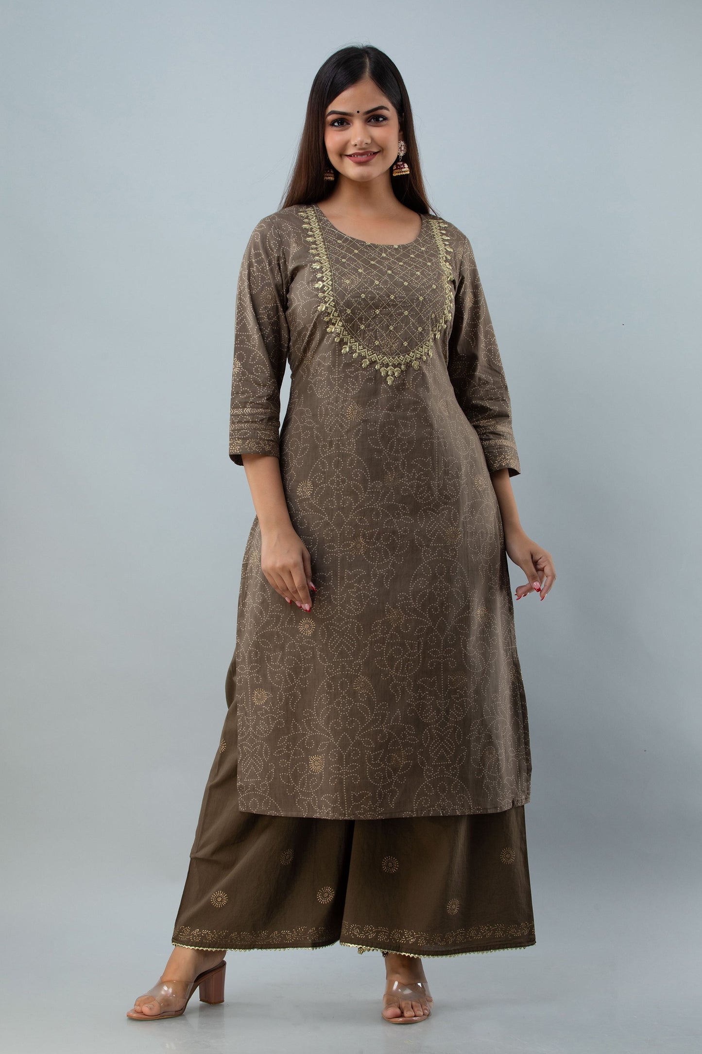 Cotton Calf Length Printed Embroidered Straight 3/4 Sleeves Round Neck Kurta Set