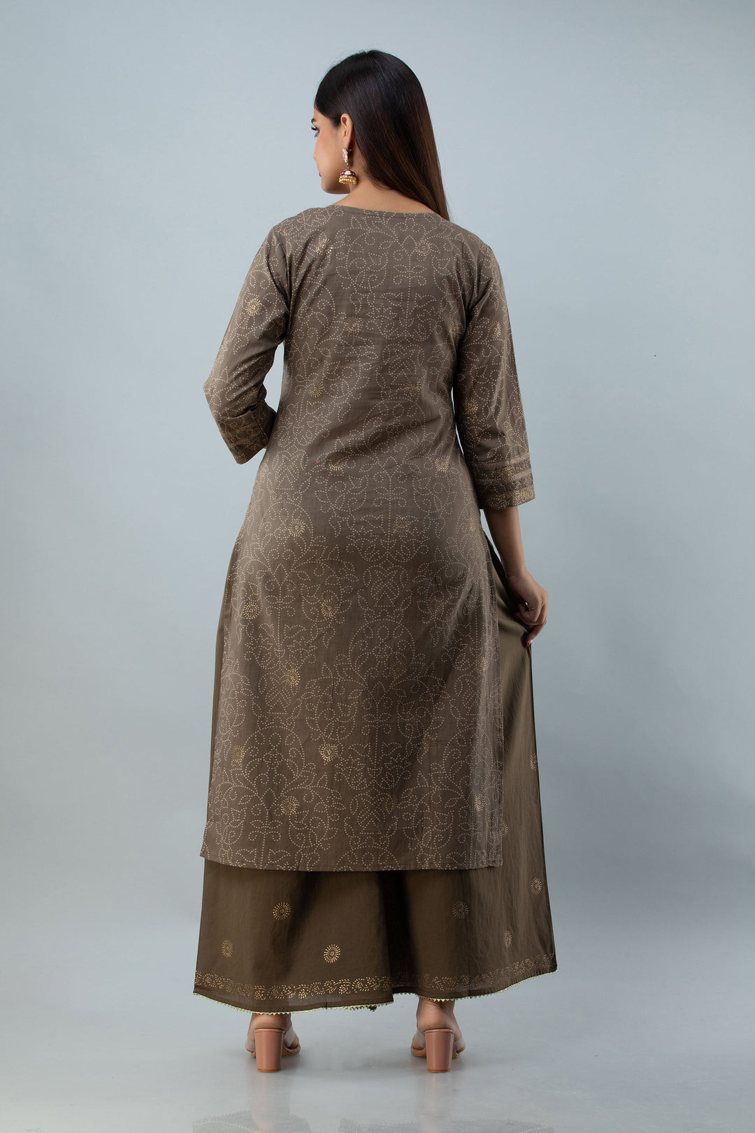 Cotton Calf Length Printed Embroidered Straight 3/4 Sleeves Round Neck Kurta Set