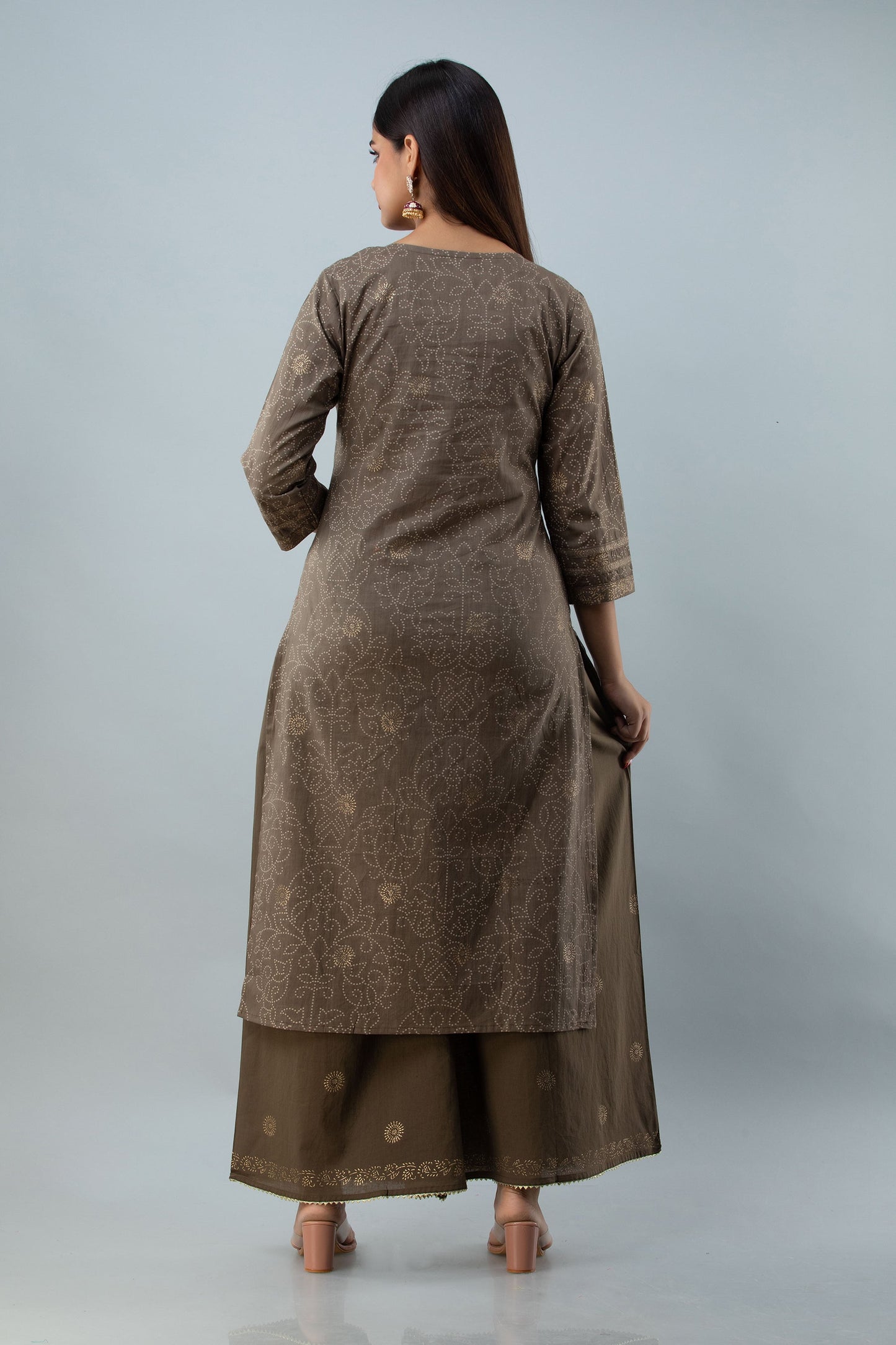 Cotton Calf Length Printed Embroidered Straight 3/4 Sleeves Round Neck Kurta Set