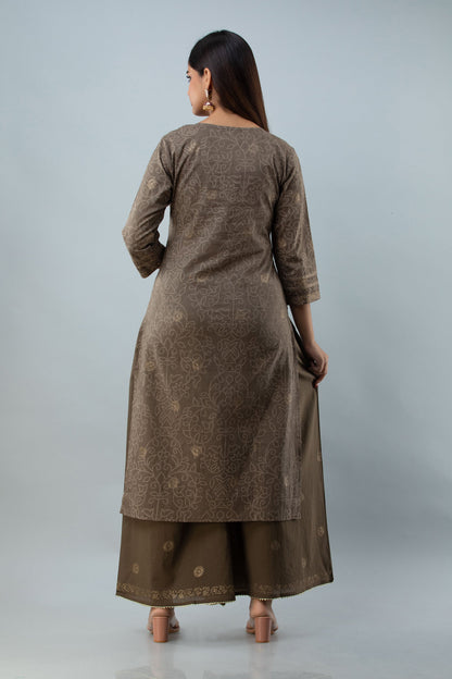 Cotton Calf Length Printed Embroidered Straight 3/4 Sleeves Round Neck Kurta Set