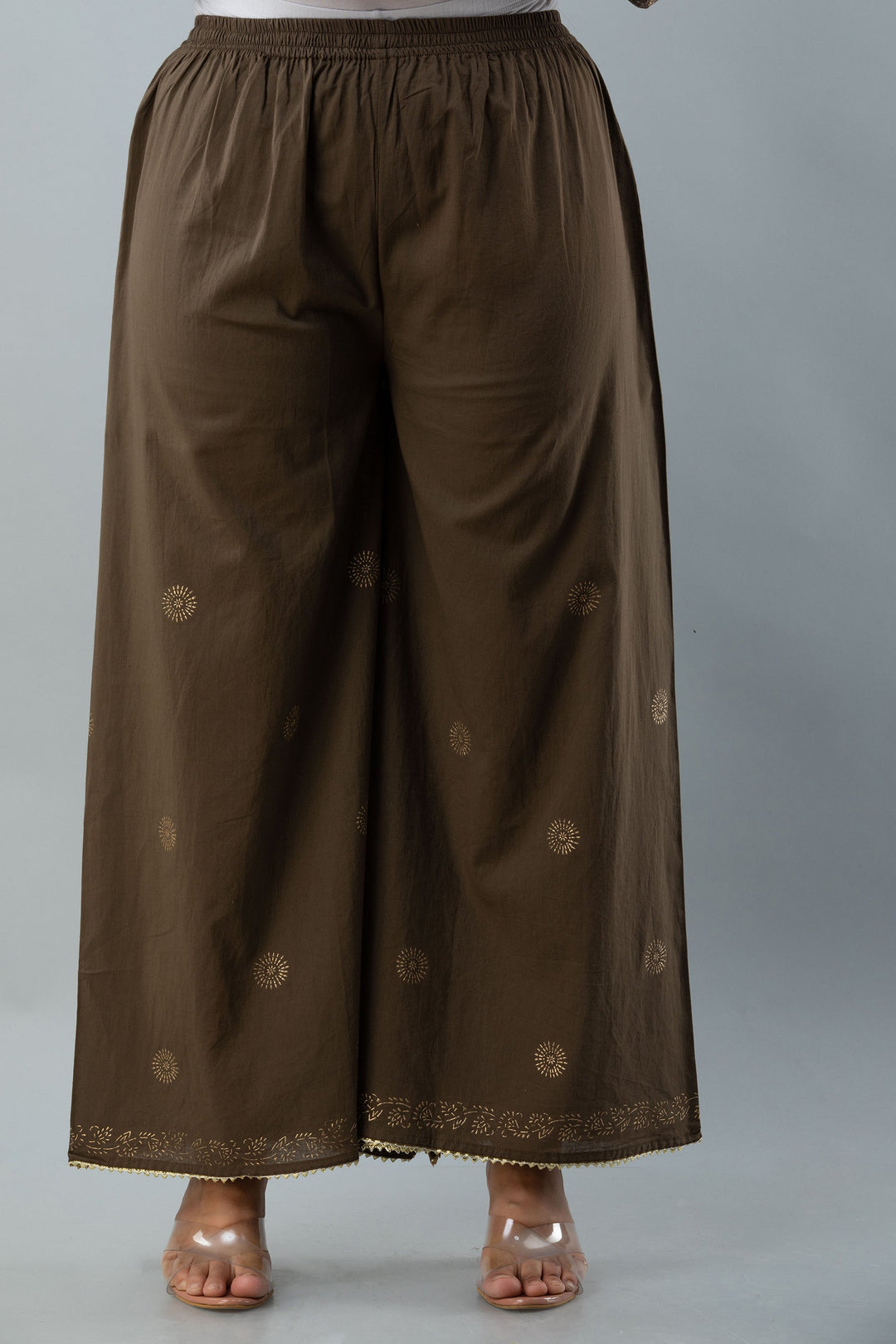 Cotton Calf Length Printed Embroidered Straight 3/4 Sleeves Round Neck Kurta Set