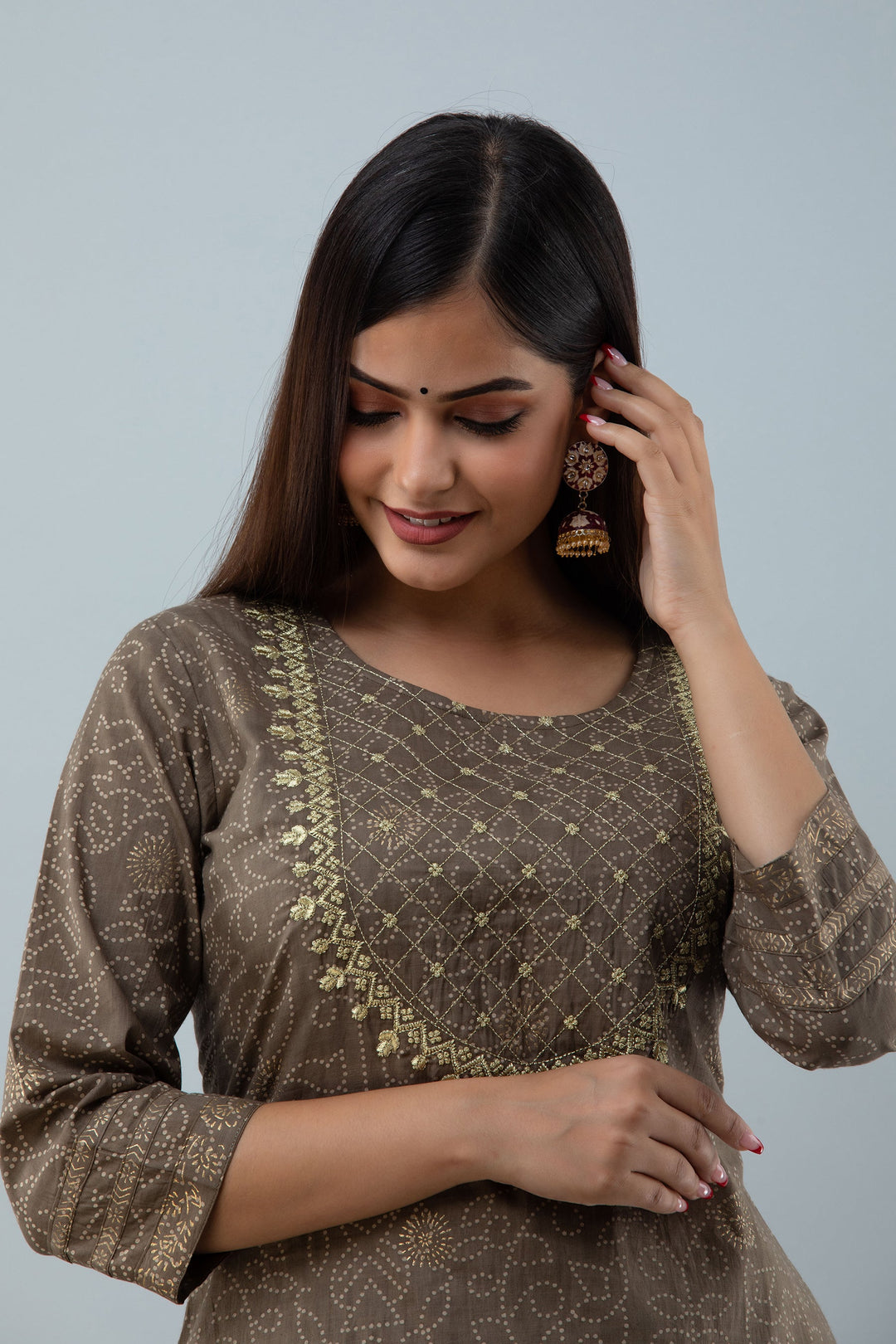 Cotton Calf Length Printed Embroidered Straight 3/4 Sleeves Round Neck Kurta Set