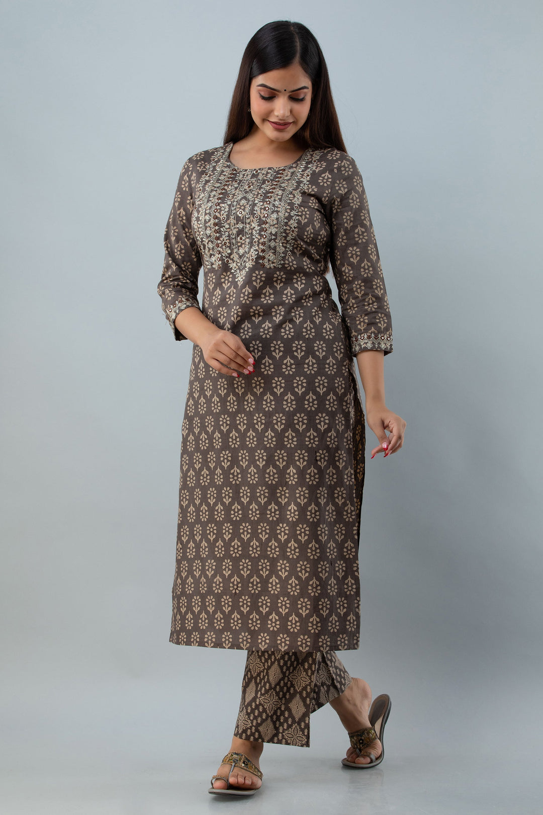 Cotton Calf Length Printed Embroidered Straight 3/4 Sleeves Round Neck Kurta Set