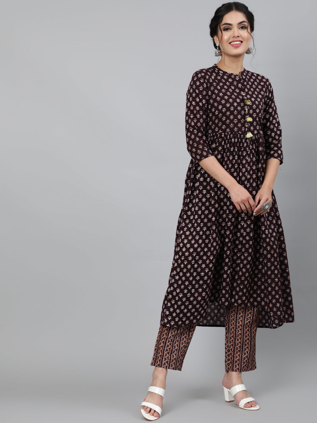 Cotton Printed 3/4 Sleeve Flared Collar Neck Calf Length Kurta Set