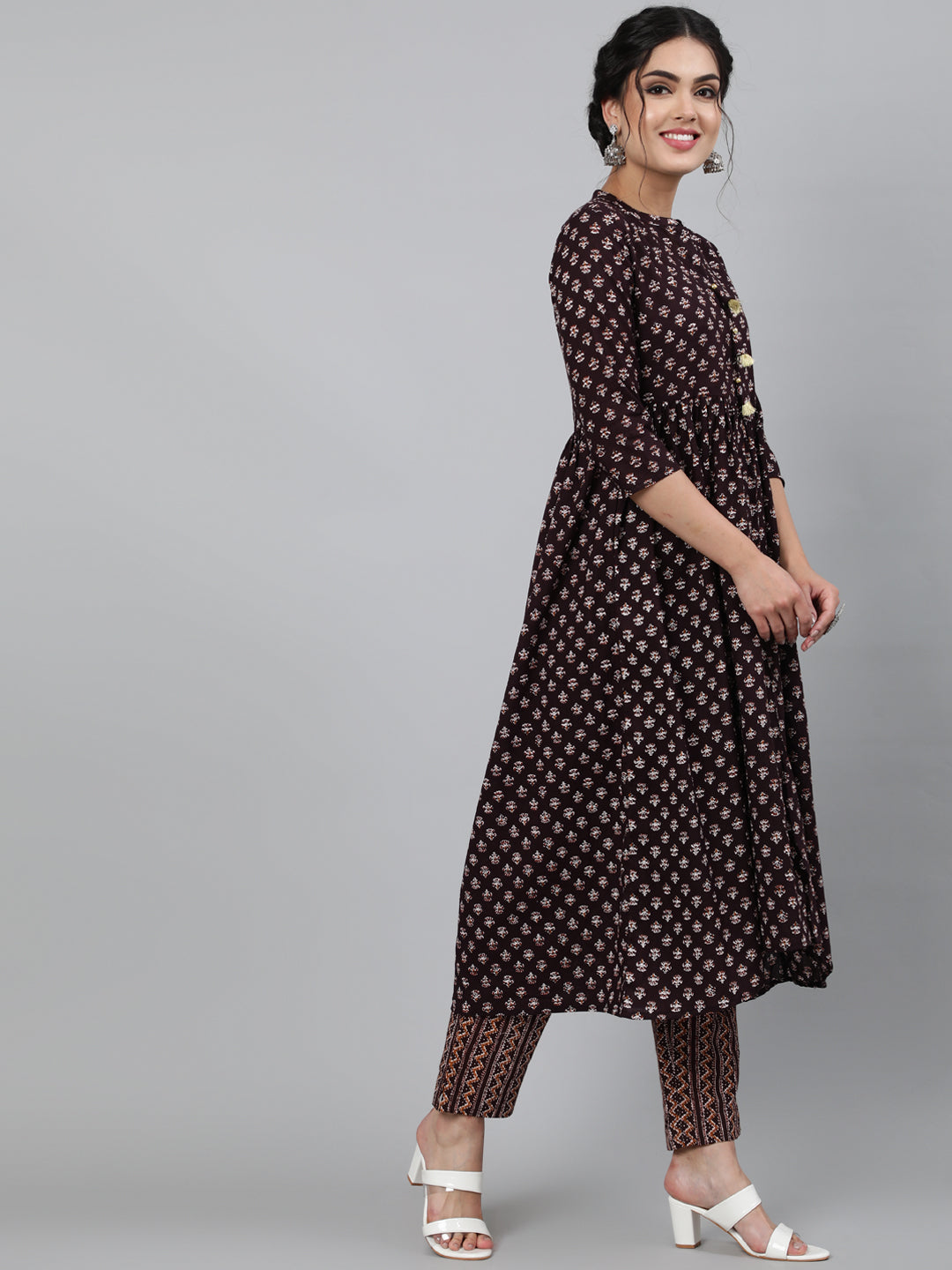 Cotton Printed 3/4 Sleeve Flared Collar Neck Calf Length Kurta Set