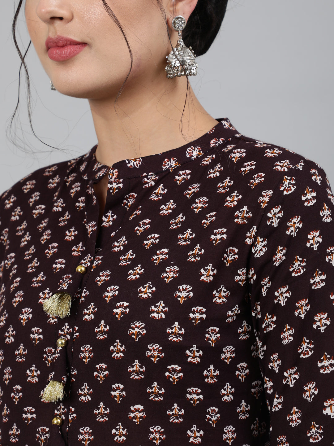 Cotton Printed 3/4 Sleeve Flared Collar Neck Calf Length Kurta Set