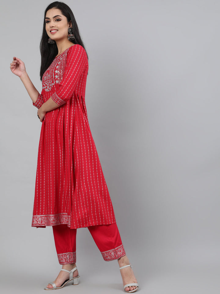 Rayon Sequence 3/4 Sleeve A-Line Round Neck Calf Length Kurta Set