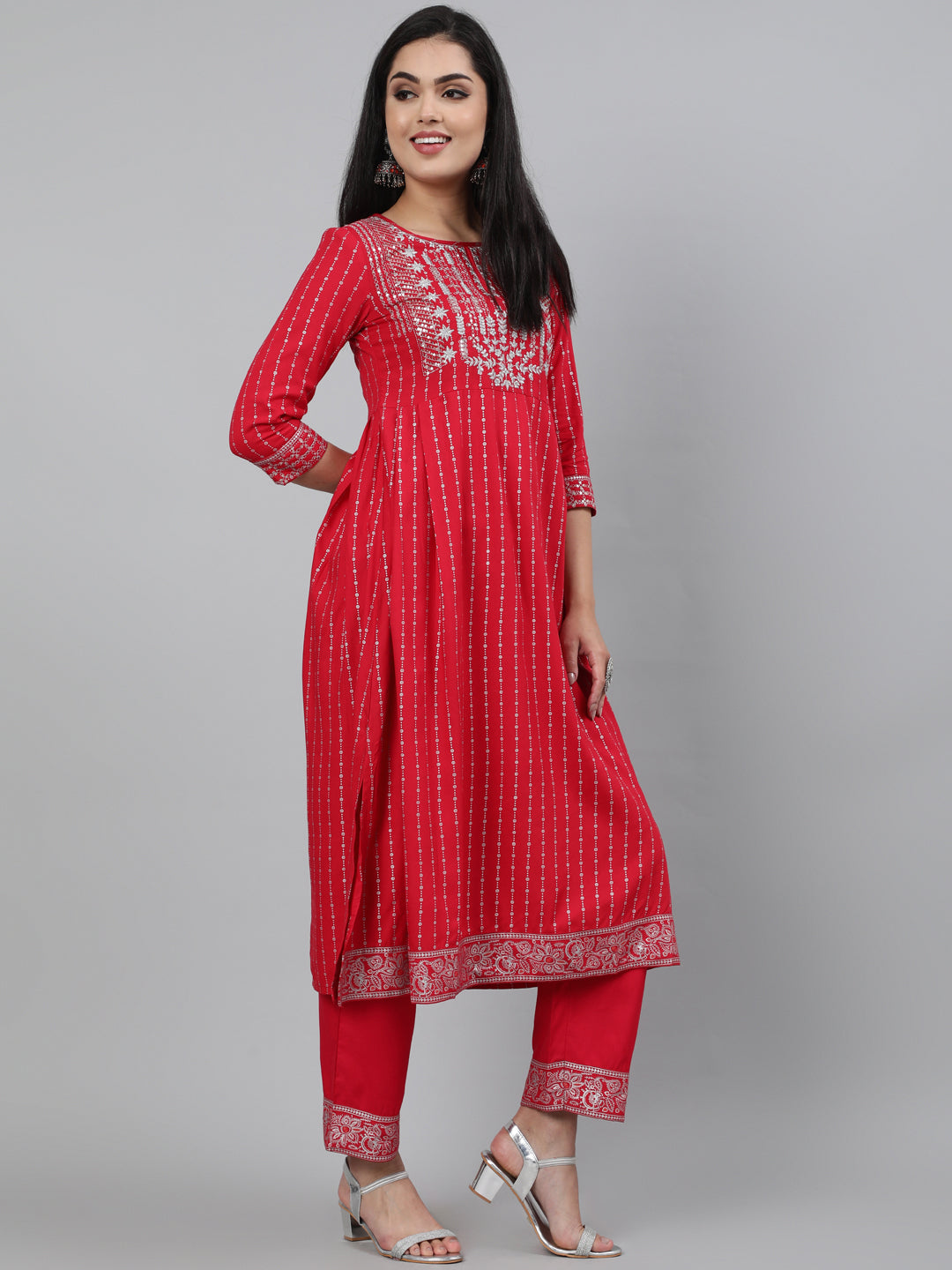 Rayon Sequence 3/4 Sleeve A-Line Round Neck Calf Length Kurta Set