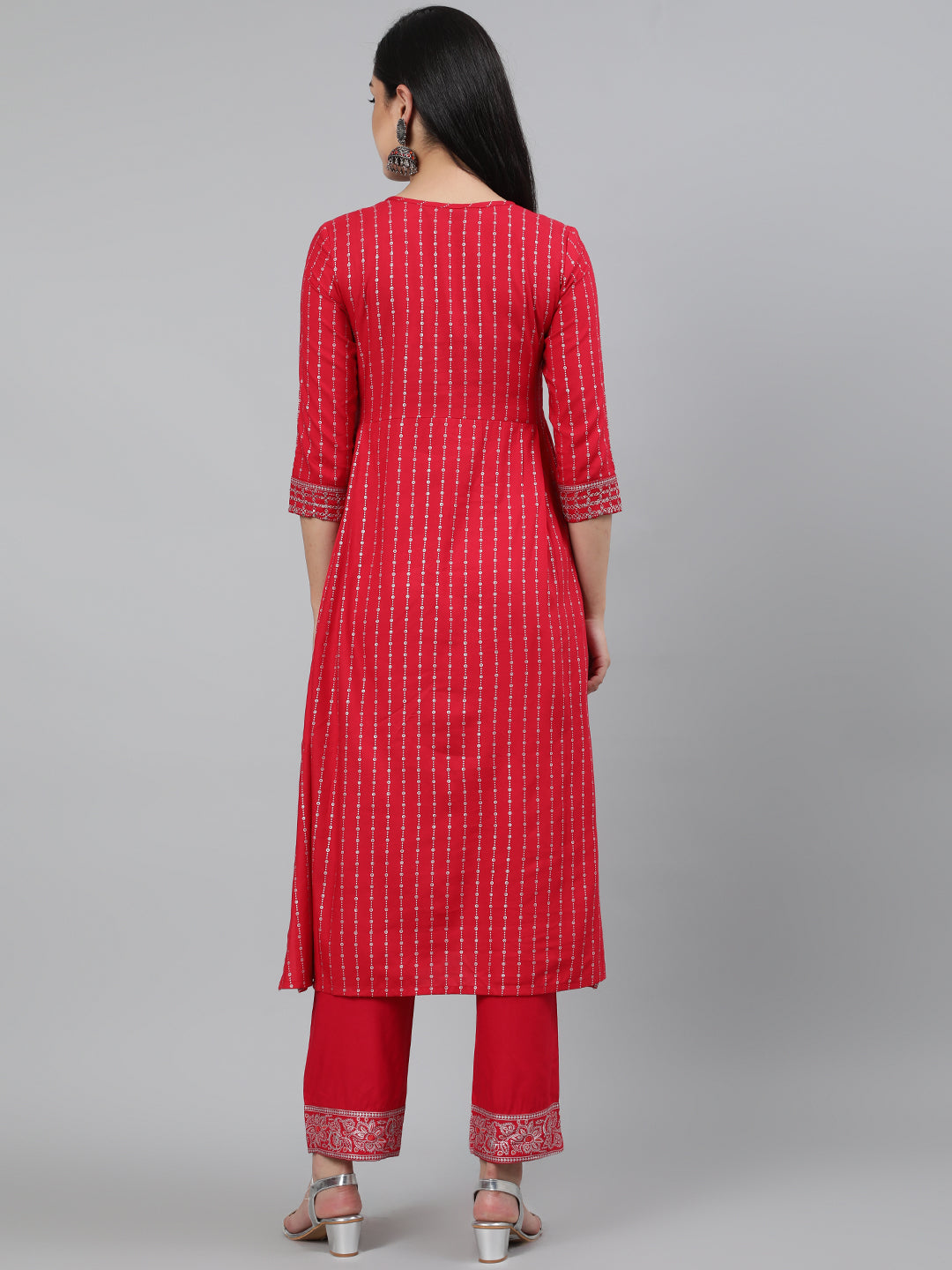 Rayon Sequence 3/4 Sleeve A-Line Round Neck Calf Length Kurta Set