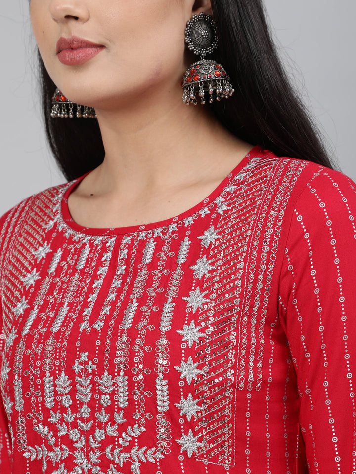 Rayon Sequence 3/4 Sleeve A-Line Round Neck Calf Length Kurta Set