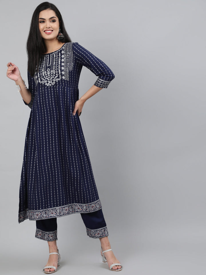 Rayon Sequence 3/4 Sleeve A-Line Round Neck Calf Length Kurta Set