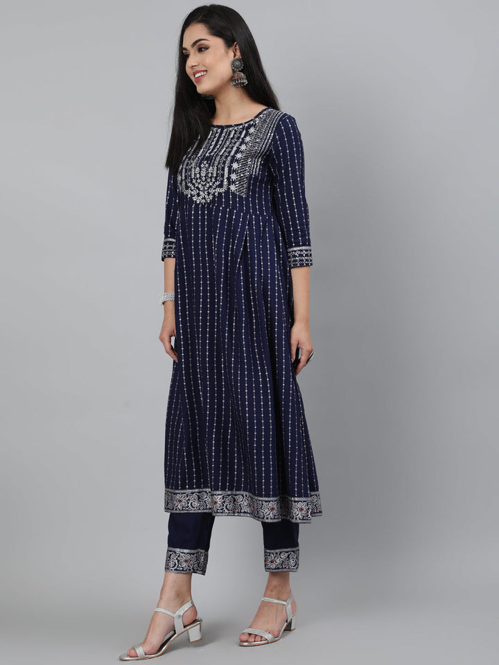 Rayon Sequence 3/4 Sleeve A-Line Round Neck Calf Length Kurta Set
