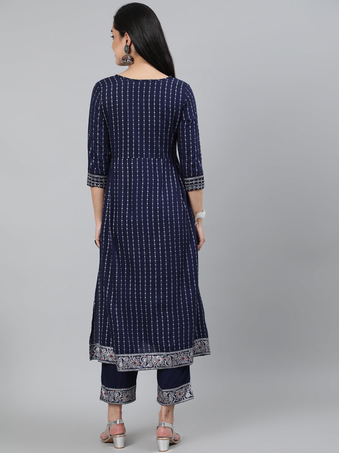 Rayon Sequence 3/4 Sleeve A-Line Round Neck Calf Length Kurta Set