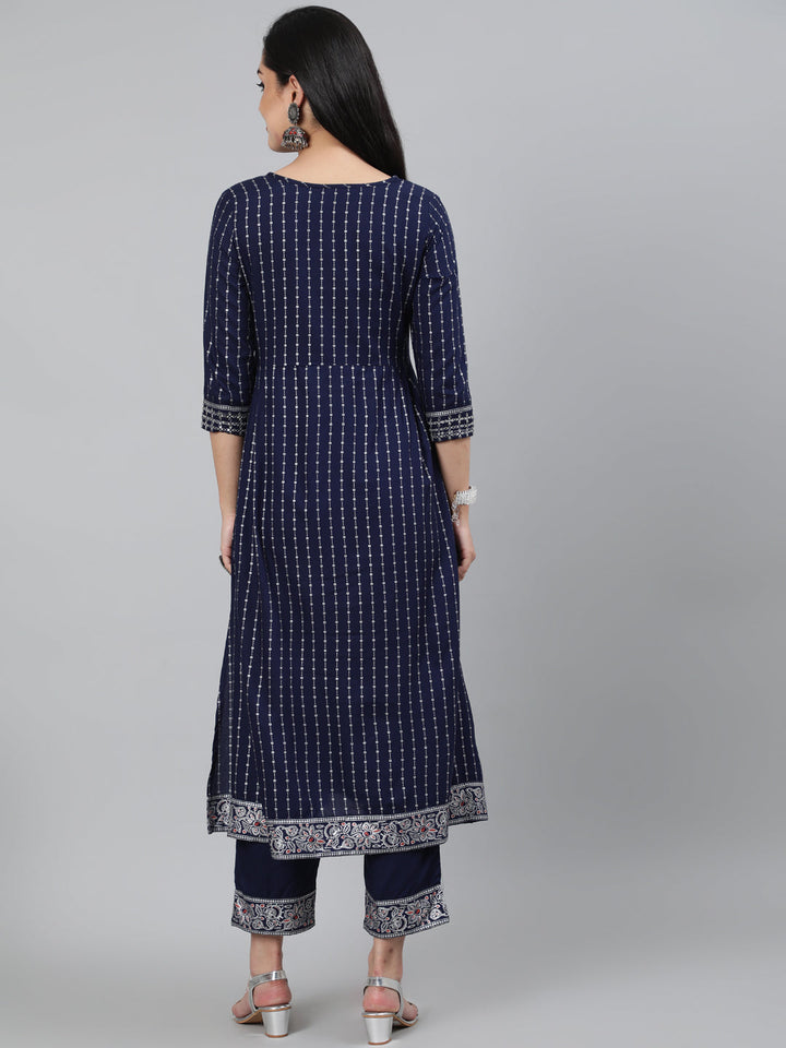 Rayon Sequence 3/4 Sleeve A-Line Round Neck Calf Length Kurta Set