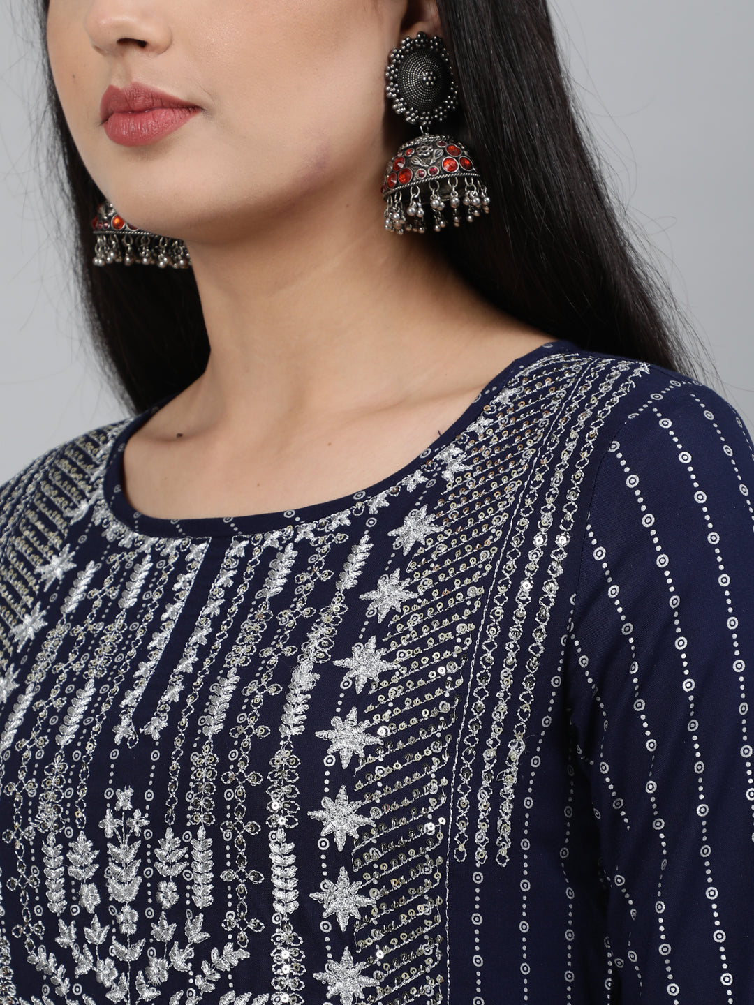 Rayon Sequence 3/4 Sleeve A-Line Round Neck Calf Length Kurta Set