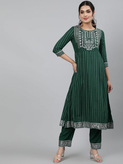 Rayon Sequence 3/4 Sleeve A-Line Round Neck Calf Length Kurta Set