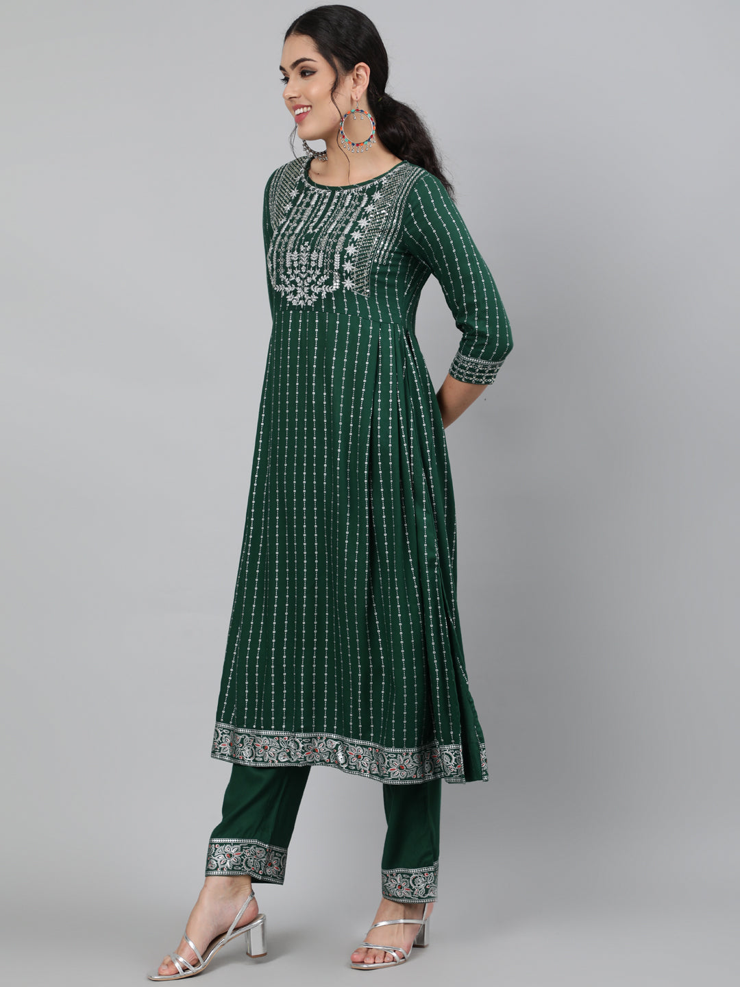 Rayon Sequence 3/4 Sleeve A-Line Round Neck Calf Length Kurta Set