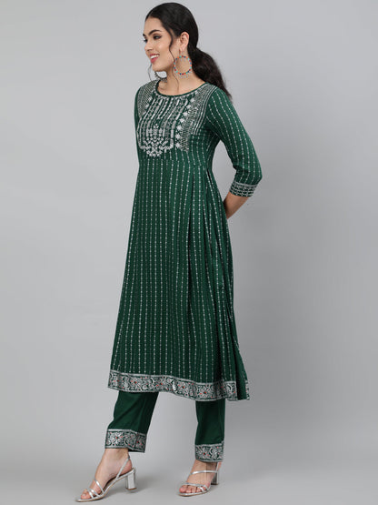 Rayon Sequence 3/4 Sleeve A-Line Round Neck Calf Length Kurta Set