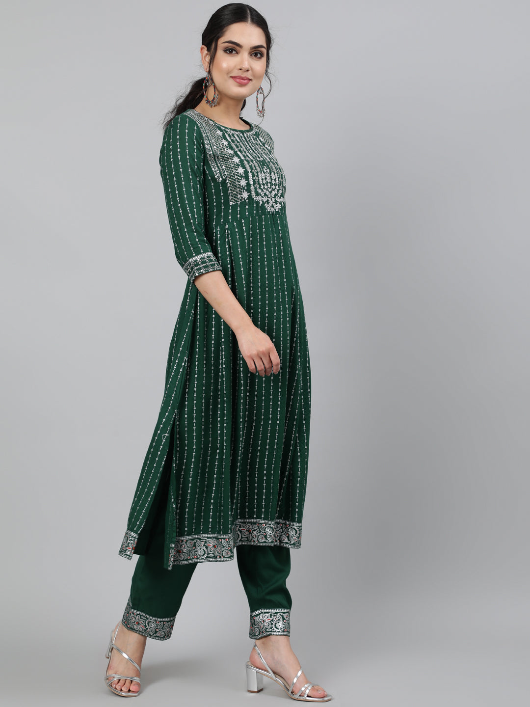Rayon Sequence 3/4 Sleeve A-Line Round Neck Calf Length Kurta Set